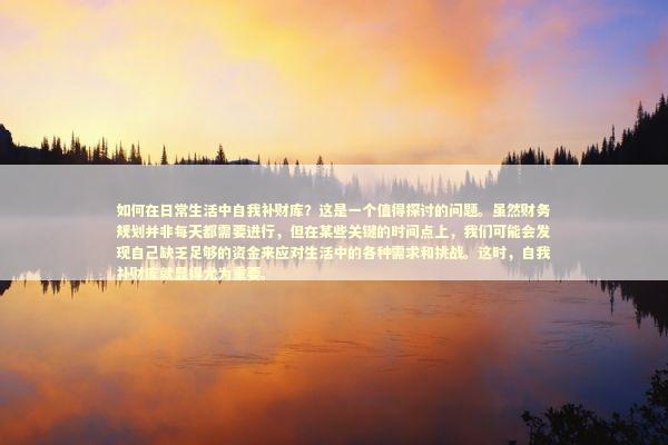 如何在日常生活中自我补财库？这是一个值得探讨的问题。虽然财务规划并非每天都需要进行，但在某些关键的时间点上，我们可能会发现自己缺乏足够的资金来应对生活中的各种需求和挑战。这时，自我补财库就显得尤为重要。